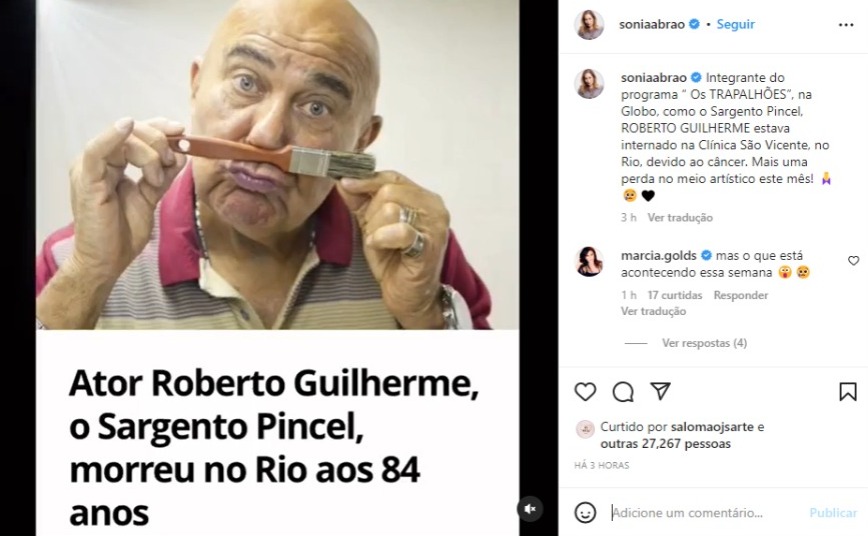 Sonia Abrão noticia morte de famoso ator (Foto: Reprodução/Instagram)