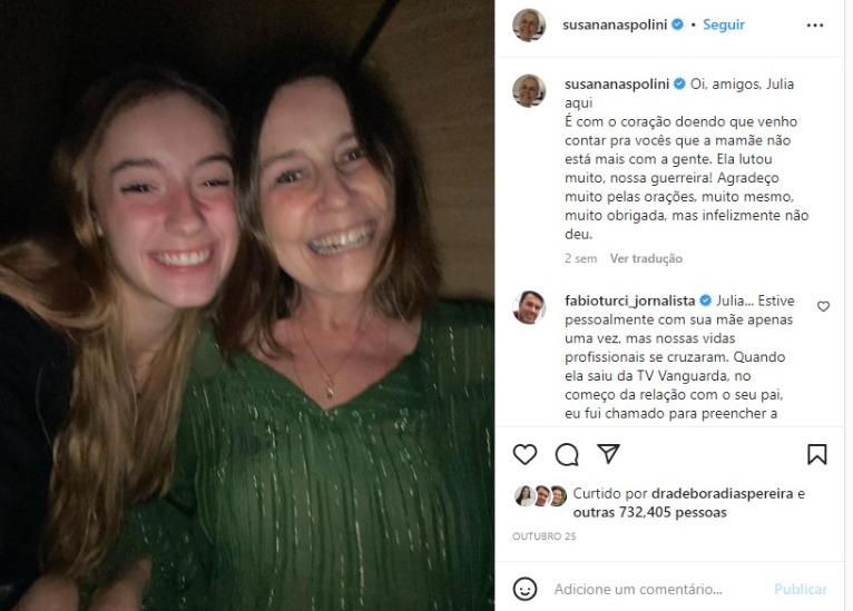 Filha de Susana Naspolini comunica morte nas redes sociais (Foto: Reprodução/Instagram)