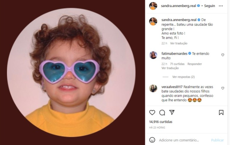 Sandra Annenberg publica foto da filha e demosntra saudades (Foto: Reprodução/Instagram)