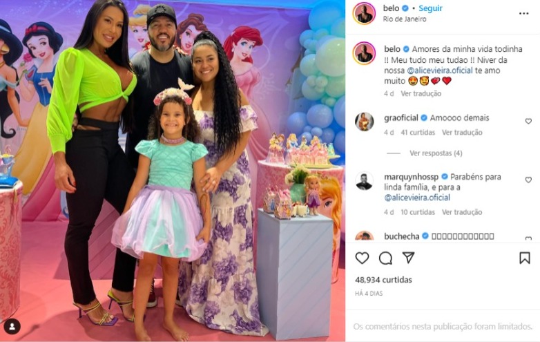 Belo, Gracyanne Barbosa e Ingrid Vieira comemoram o aniversário de 6 anos da pequena Alice em festa das Princesas (Foto: Reprodução/Instagram)