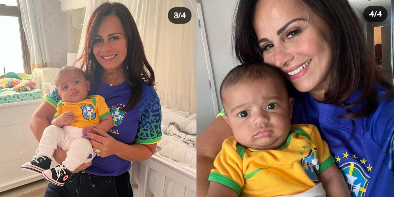 Viviane Araújo surge com Joaquim para torcer pela Seleção Brasileira (Foto: Reprodução/Instagram/Montagem)