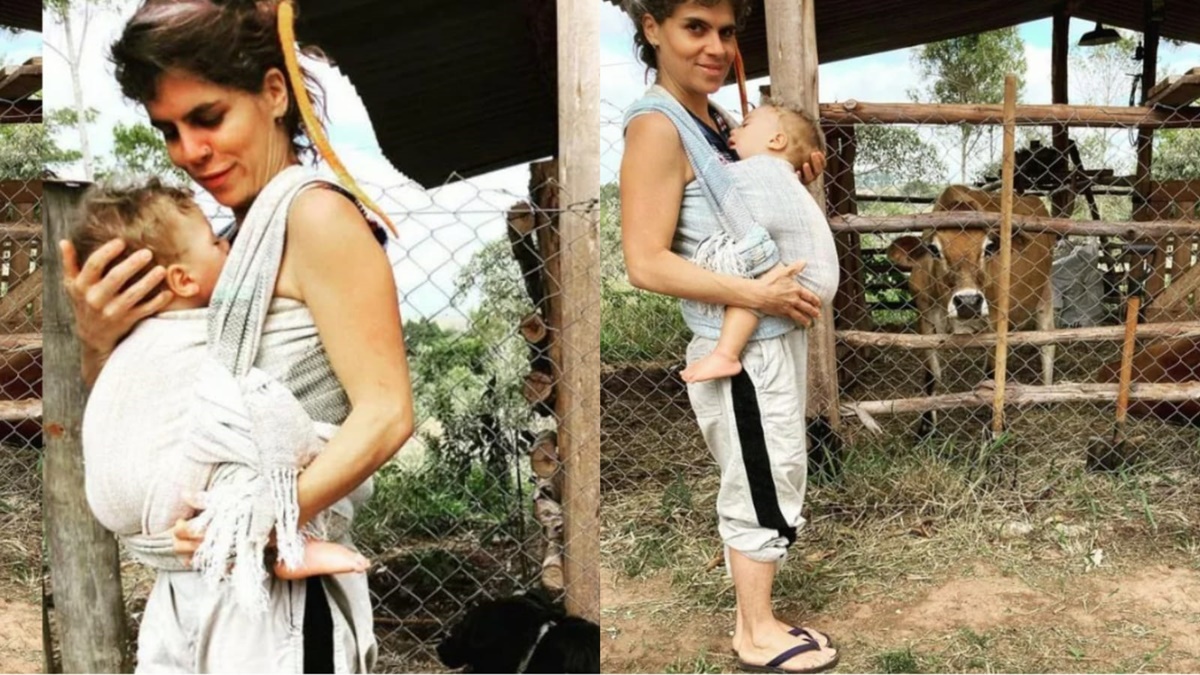 Mariana Maffeis, filha de Ana Maria, causa choque com roupa simples no 'meio do mato' e com filho envolto em pano (Reprodução)