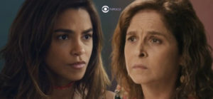 Travessia - Brisa (Lucy Alves) ressurge das cinzas, assombra Núbia (Drica Moraes) e toca o terror colocando a megera contra a parede (Foto: Reprodução / Globo / Montagem TV Foco)