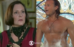 Chocolate com Pimenta - Jezebel (Elizabeth Savala) dá flagra em Timóteo (Marcello Novaes) peladão na sua casa e toma atitude chocante (Foto: Reprodução / Globo / Montagem TV Foco)