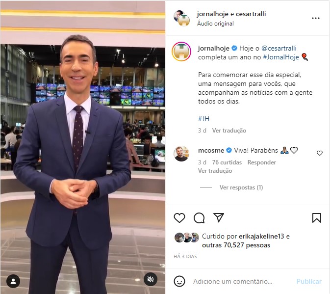 César Tralli celebra um ano sob o comando do Jornal Hoje - Foto: Reprodução