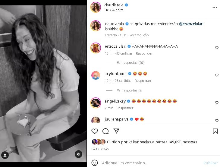 Claudia Raia surgiu no vaso sanitário e compartilhou a reação de Enzo Celulari (Foto: Reprodução/ Instagram)