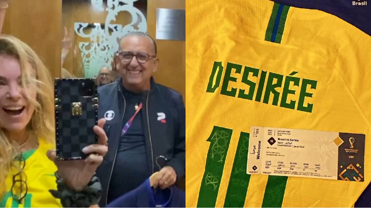 Esposa de Galvão minutos antes dele ir narrar o jogo da seleção na Globo e usando camiseta oficial (Reprodução/ Instagram)