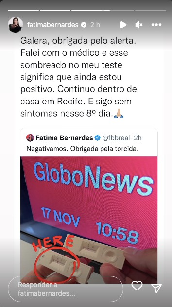 De acordo com Fátima Bernades, seu teste para a Covid-19 não deu negativo (Reprodução)