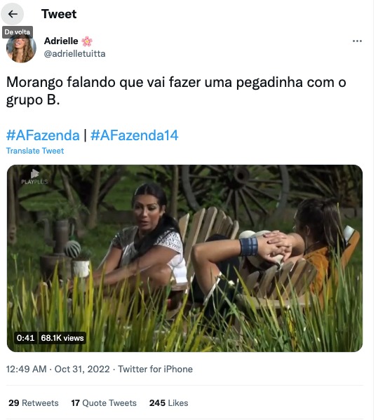 Moranguinho expõe plano na Fazenda 14 (Reprodução)