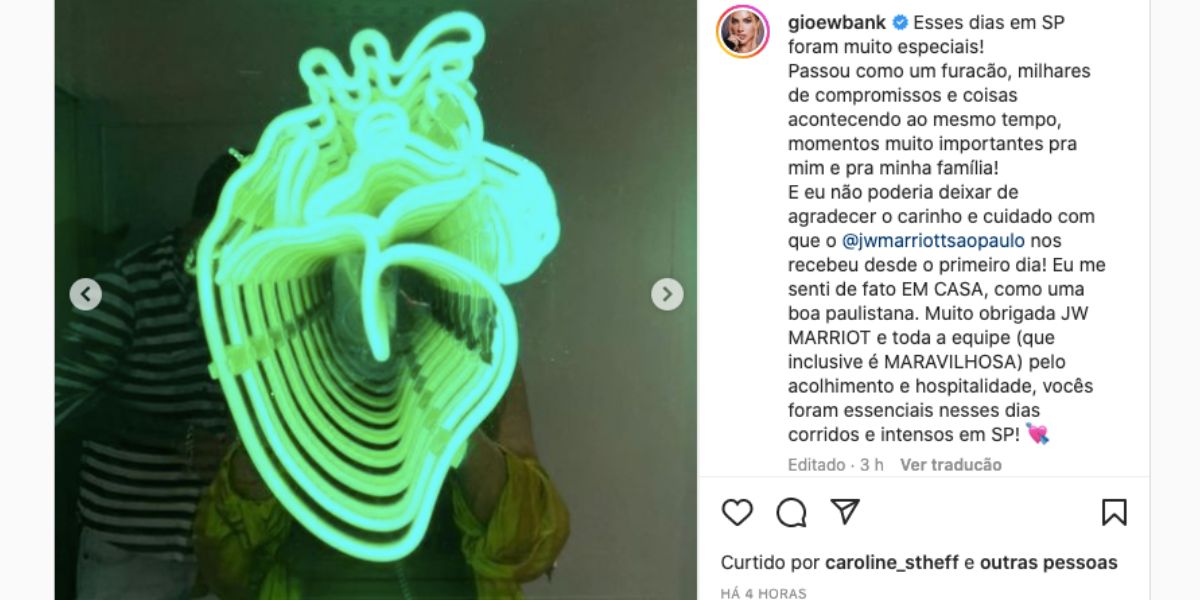 De acordo com Giovanna Ewbank, dias em São Paulo foram maravilhosos (Reprodução)