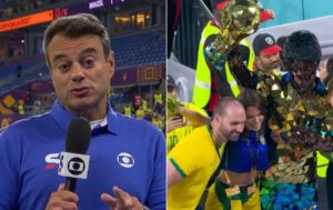 Direto do Catar, Jornal Nacional expõe o deputado Eduardo, filho de Bolsonaro na Copa e Brasil vê provocação: "Gado" (Foto: Reprodução / Globoplay)