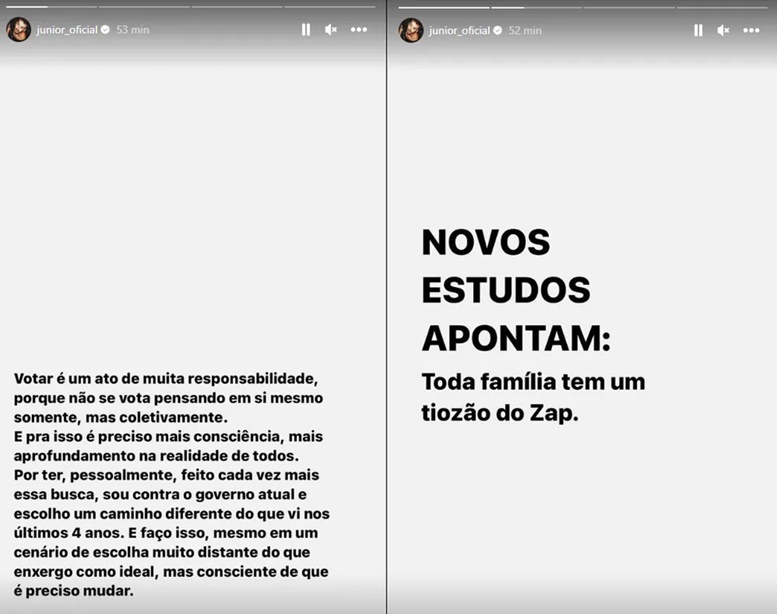 Junior Lima se posiciona sobre eleições e faz 'ataque' em relação a rompimento familiar com o tio famoso 