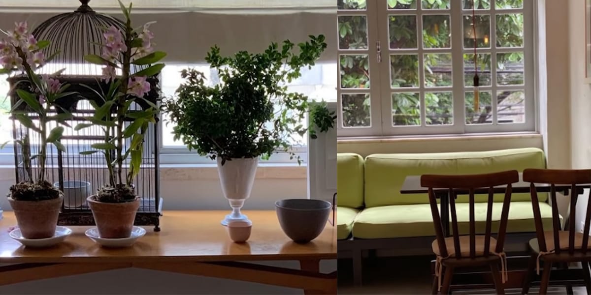 A casa de Renata Vasconcellos é rodeada por verde, e também com vasos de plantas como decoração (Reprodução: Youtube)