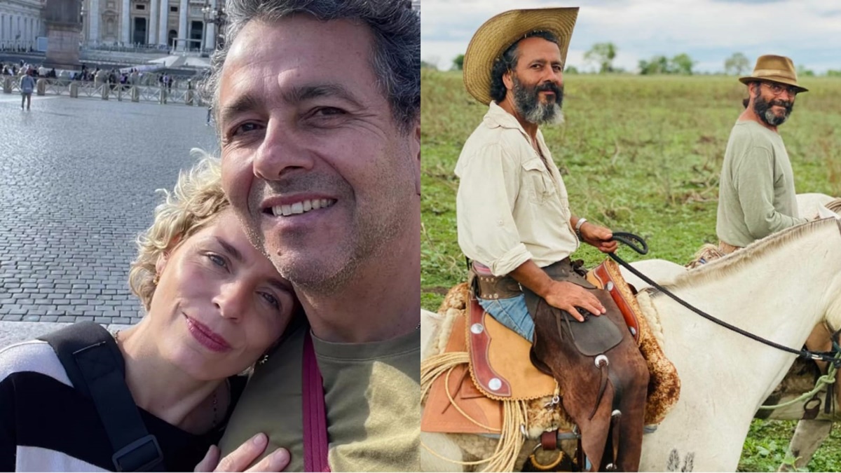 Marcos Palmeira e seu grande amor, Gabriela Gastal; ao lado, ele nos bastidores de Pantanal 