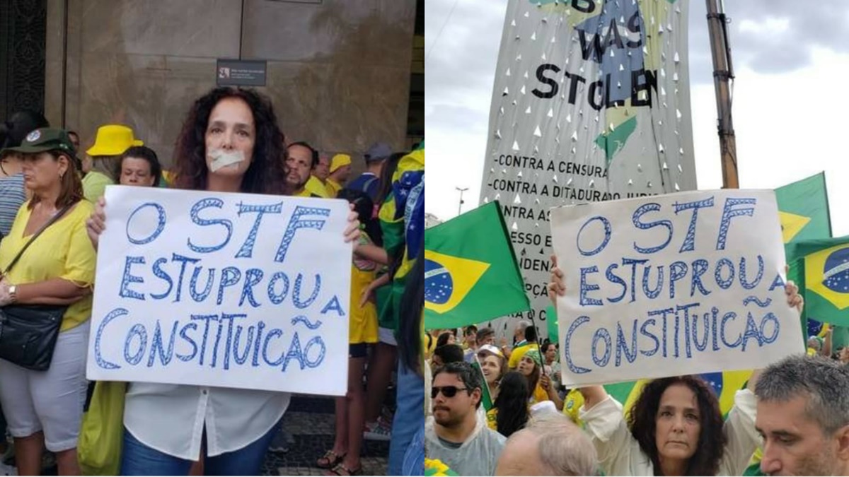 A ex-atriz surge com esparadrapo na boca e cartaz polêmico em manifestação bolsonarista