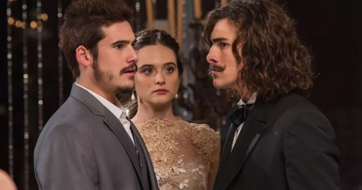 Nicolas Prattes, Juliana Paiva e Bruno Montaleone em cena de O Tempo Não Para (Divulgação/ Globo)