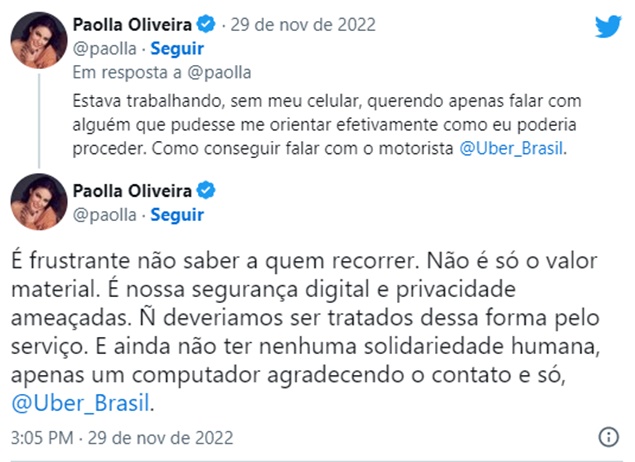 A atriz fez um longo desabafo pertinente para alertar os fãs e seguidores sobre o serviço e atendimento do aplicativo de carros (Reprodução)