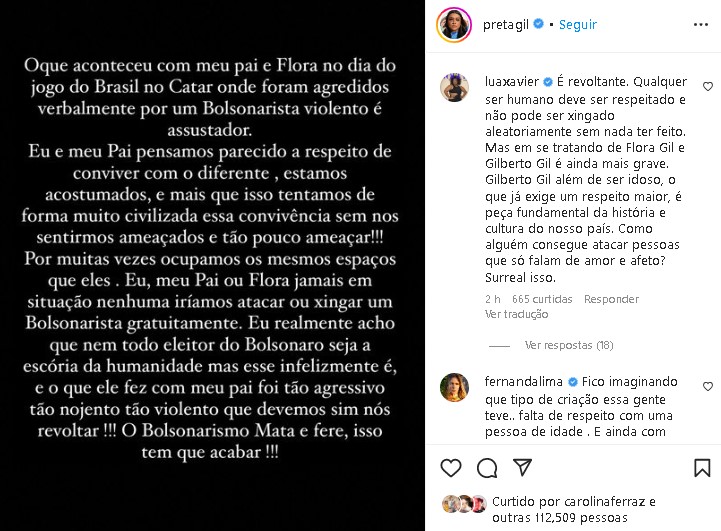 Preta Gil saiu em defesa de Gilberto Gil e Flora (Foto: Reprodução/ Instagram)