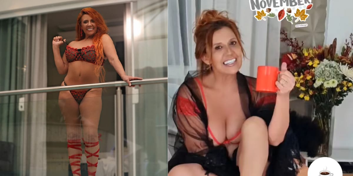 Rita Cadillac surgiu de lingerie vermelha e preta na sacada de um motel (Reprodução: Instagram)