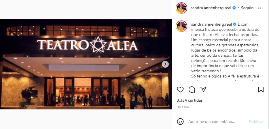 Sandra Annenberg lamenta fechamento de teatro em São Paulo - Foto: Reprodução