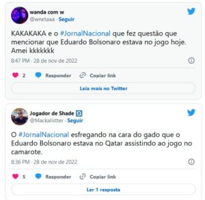 Internautas criticaram Eduardo Bolsonaro (PL-SP) no estádio no Catar no jogo do Brasil contra a Suíça nesta segunda (28) (Foto: Reprodução / Twitter)