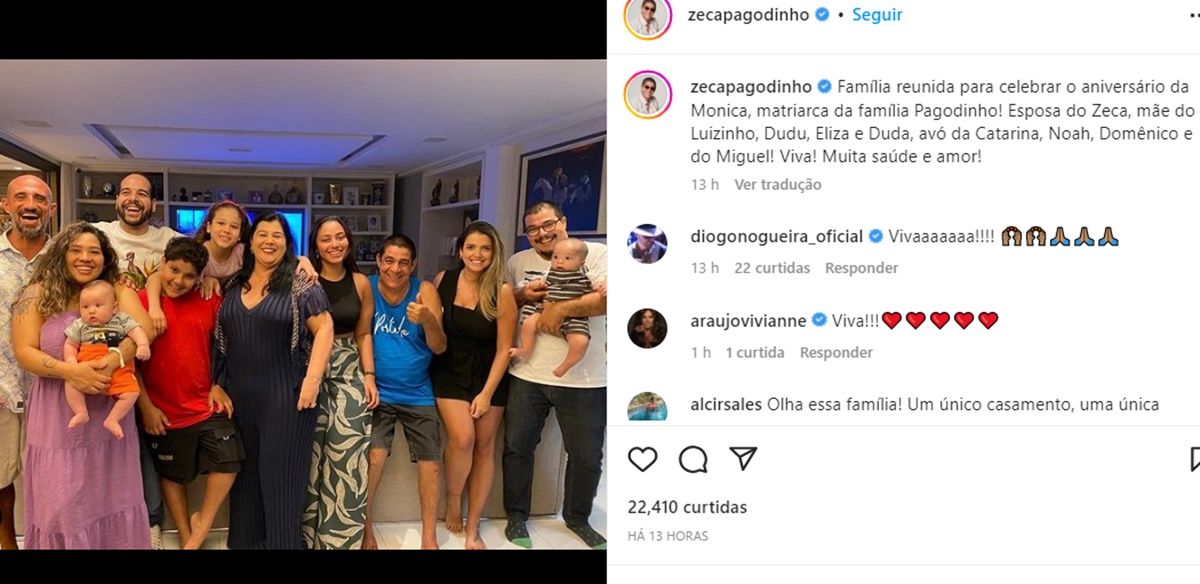 Zeca Pagodinho reúne família e celebra aniversário de sua esposa, com quem é casado há mais de 35 anos