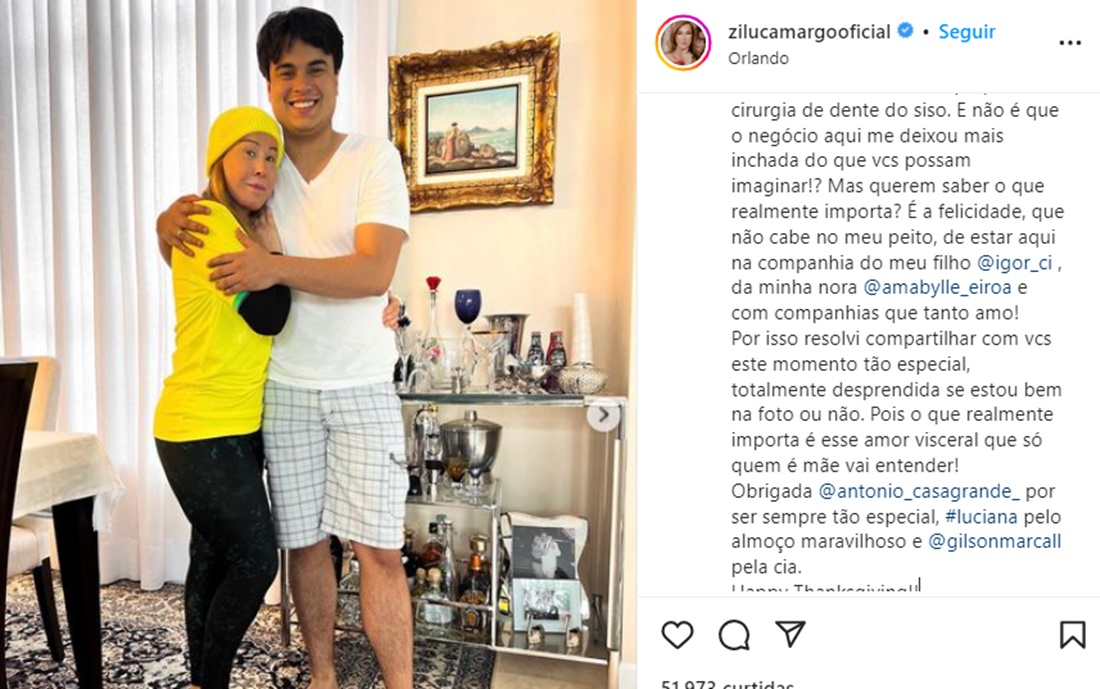 Zilu revelou que passou por cirurgia no dente, está reclusa, mas celebra companhia da família (Reprodução/ Instagram)