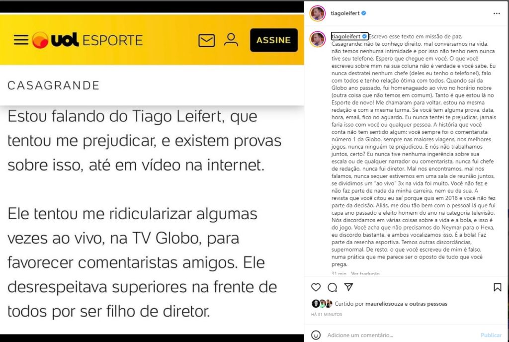 Tiago Leifert publicou uma carta aberta em resposta a Walter Casagrande no Instagram- Foto: Reprodução