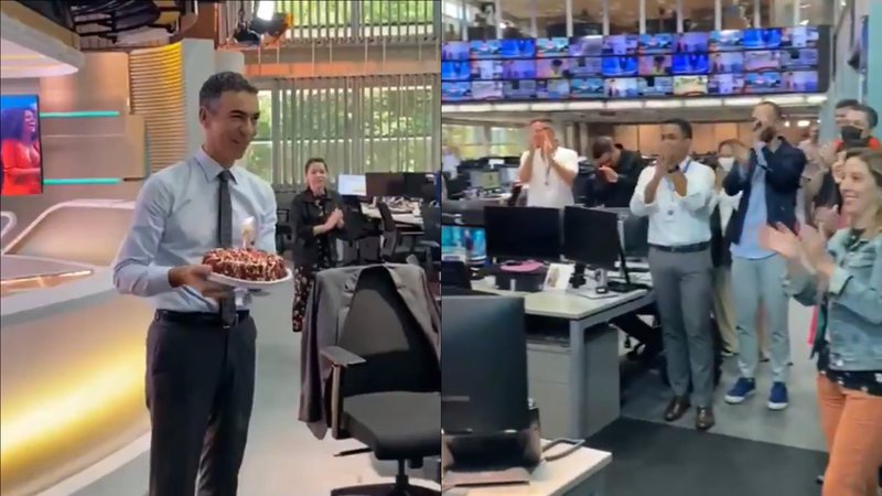 César Tralli ganhou uma festa surpresa nos bastidores da Globo