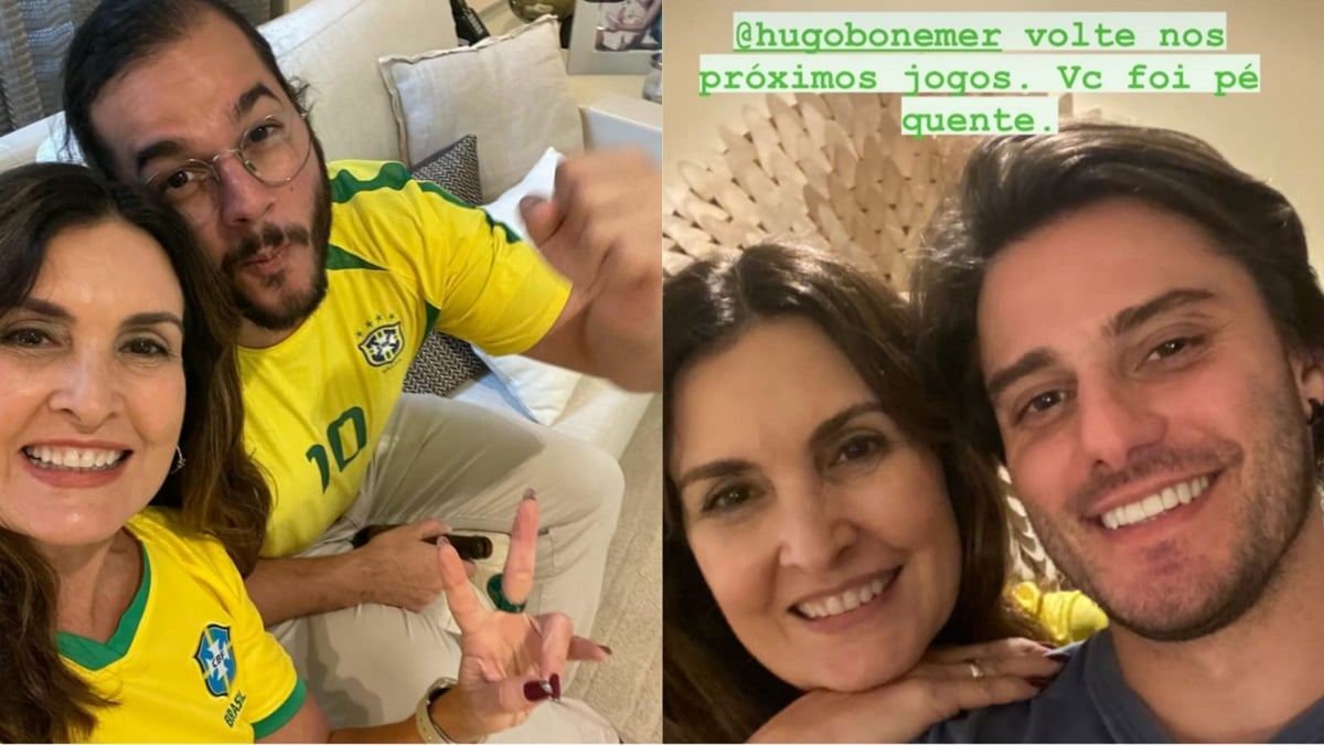 A apresentadora com o namorado, Túlio Gadêlha e ao lado com Hugo Bonemer, primo de William Bonner