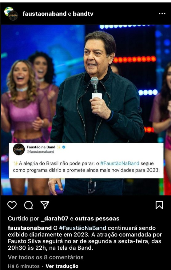 Perfil da Band e do programa de Faustão anunciaram a decisão nesta terça