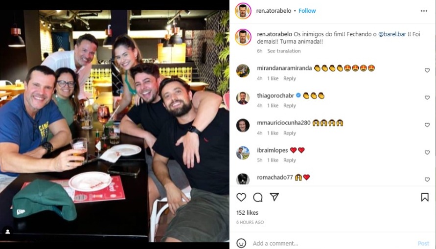 Renato Rabelo publicou foto com Rafael Cardoso e amigo em um bar no Rio de Janeiro (Foto: Reprodução/Instagram)