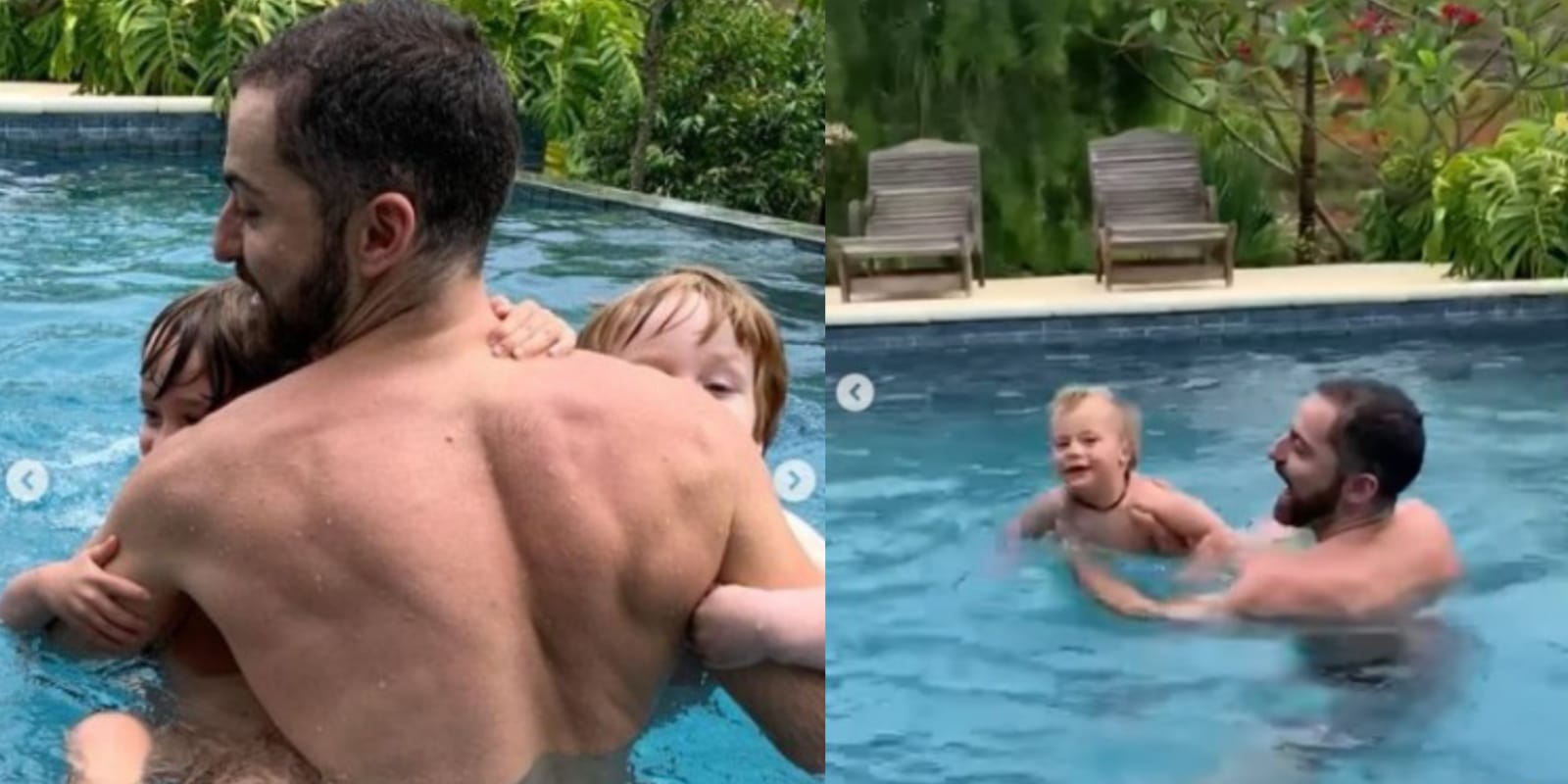 Pai e filhos se divertiram na piscina (Foto Reprodução/Instagram/Montagem)