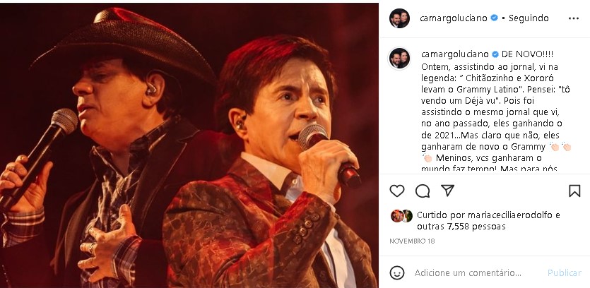 Luciano Camargo fez questão de parabenizar Chitãozinho e Xororó (Foto: Reprodução/ Instagram)