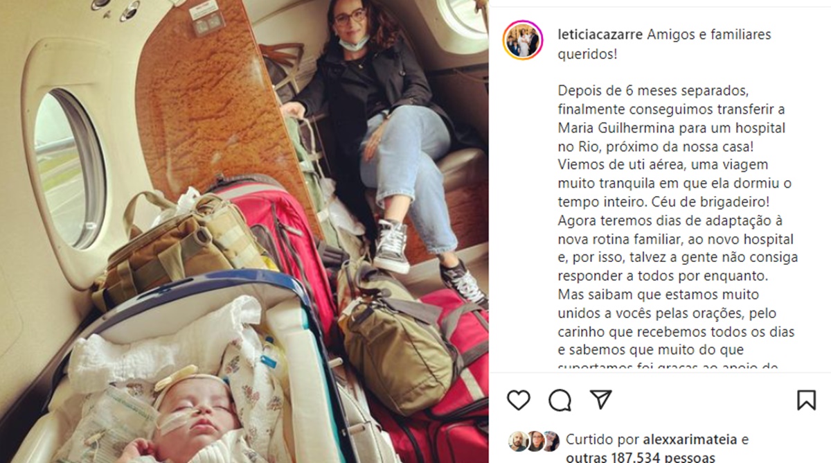 Letícia Cazarré mostra filha sendo transportada para o RJ em UTI aérea e agradece a todos pelo apoio