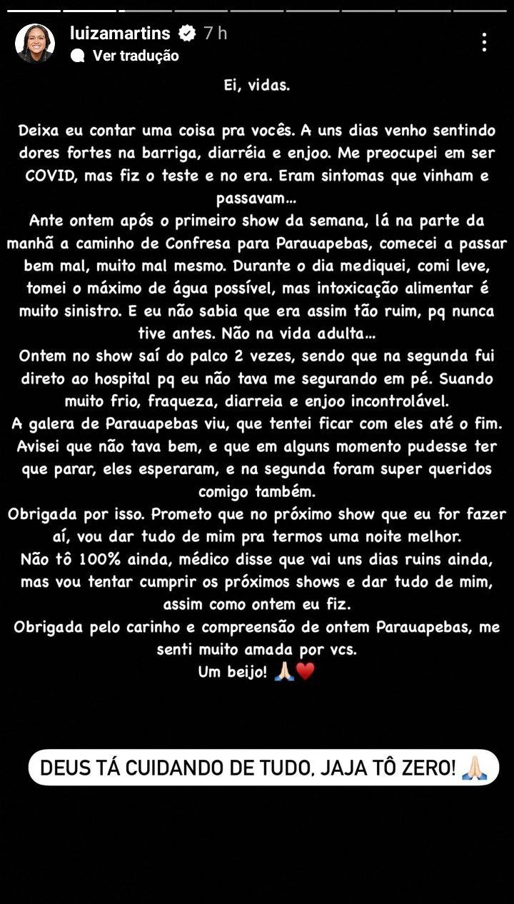 Cantora fez comunicado em suas redes sociais sobre o ocorrido