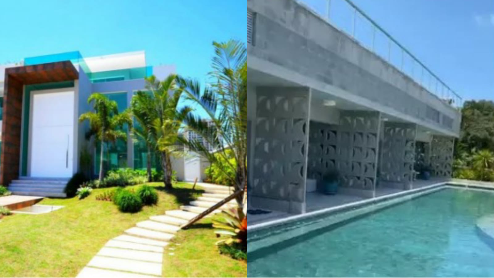 Entrada do palácio de Glória Pires com porta absurda e piscina cinematográfica (Foto: Reprodução/ Montagem)