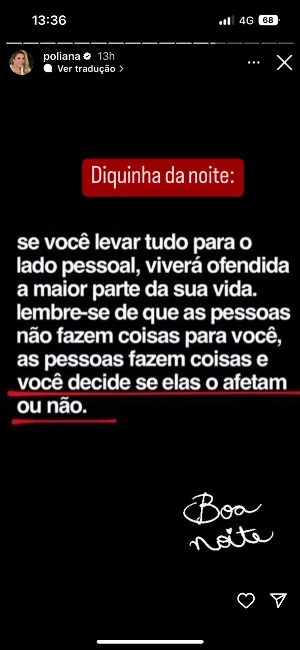 De acordo com Poliana Rocha, é necessário escolher se ações dos outros afetarão ou não sua vida (Reprodução)