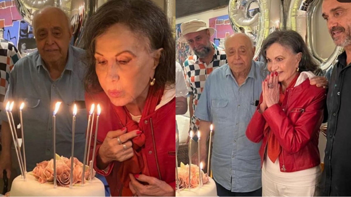 A atriz veterana ao lado do marido e dos filhos em seu aniversário de 90 anos