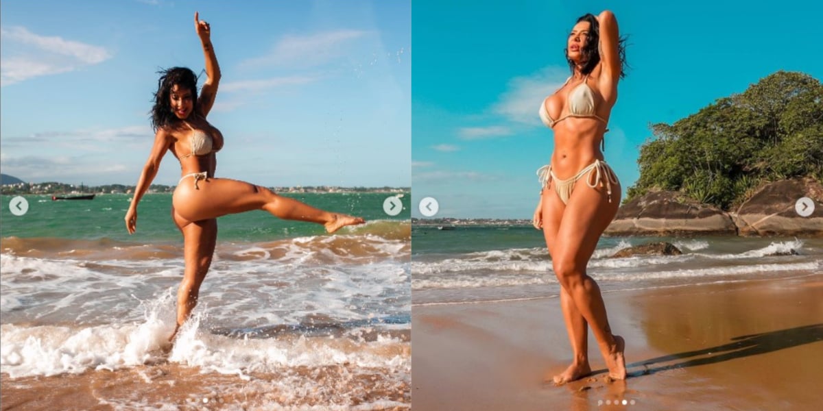 Aos 49 anos, Scheila Carvalho abusa de menor biquíni fio-dental e surge soltinha em praia isolada - Foto: Reprodução