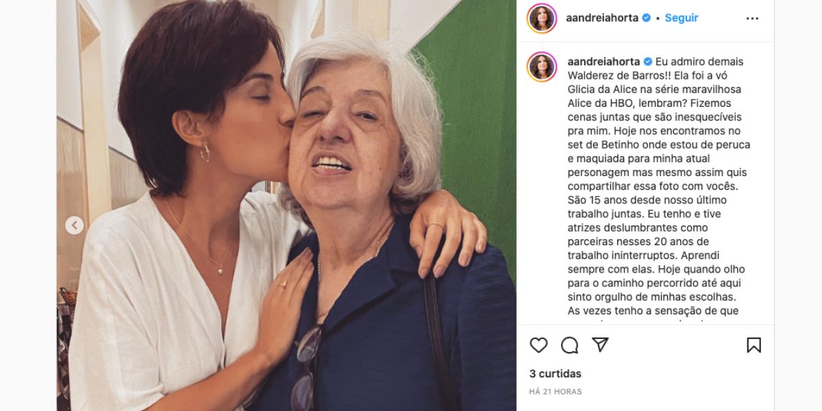 Andréia Horta faz reflexão sobre ensinamentos de grandes nomes da dramaturgia (Foto: Reprodução / Instagram)