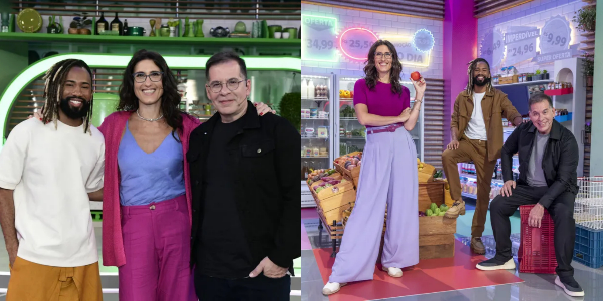 Paola Carosella, João Diamante e Leandro Hassum em "Minha Mãe Cozinha Melhor Que a Sua" (Foto: Cadu Pilotto/TV Globo)