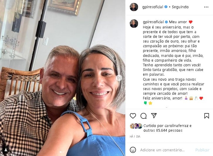 Glória Pires se derreteu em elogios para o maridão Orlando Morais (Foto: Reprodução/ Instagram)