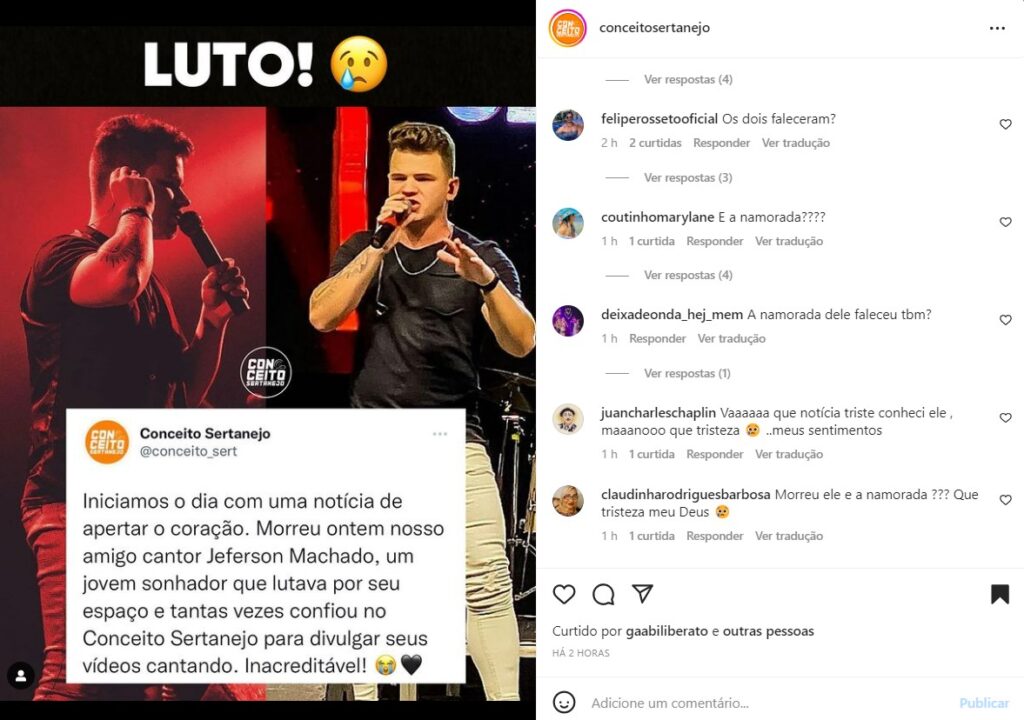 O perfil Conceito Sertanejo repercutiu a perda do cantor Jeferson Machado