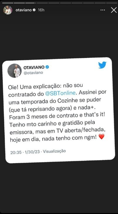 Otaviano Costa anunciou no Twitter que não é mais contratado do SBT