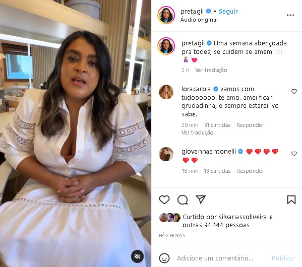 Preta Gil falou sobre saúde após inicio de tratamento de câncer no intestino (Foto: Reprodução/ Instagram)