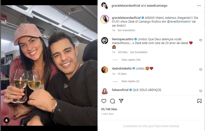 Graciele Lacerda e Zezé Di Camargo embarcaram para Miami e passaram o Réveillon na cidade norte americana (Foto Reprodução/Instagram)