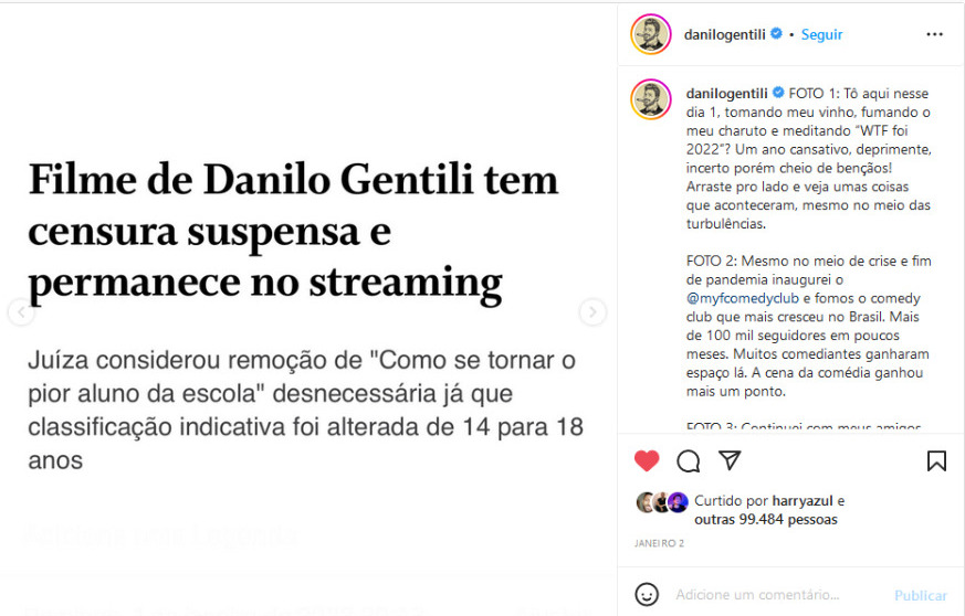 Publicação de Danilo Gentili (Imagem: Reprodução)