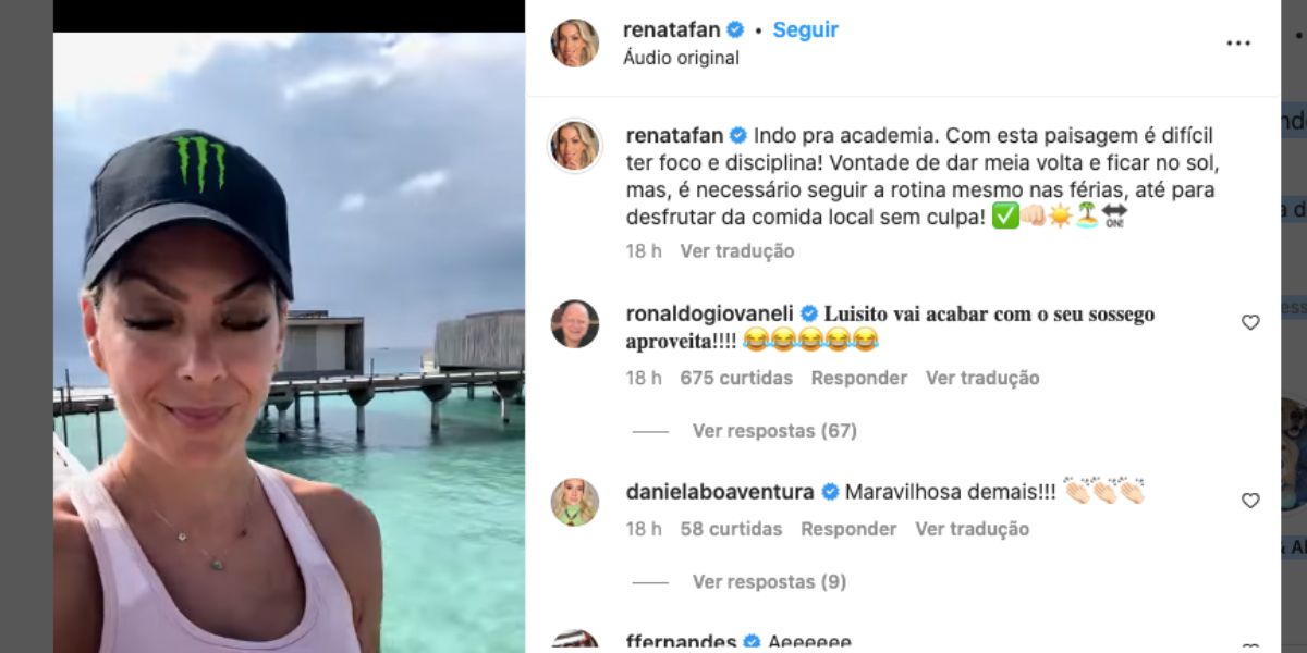 Nas redes sociais, Renata Fan, que está fora do Jogo Aberto, da Band, compartilha vídeo em frente ao mar durante viagem e confessa dilema para ir para a academia ao invés de tomar sol (Foto: Reprodução / Instagram) 