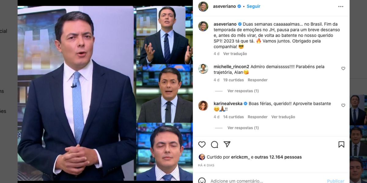 Alan Severiano está fora do telejornal da Globo, é substituído por Natália Ariede devido as suas férias (Foto: Reprodução / Instagram )